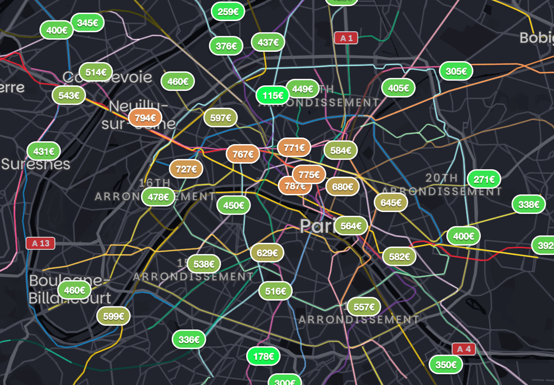 Screenshot of the map of average serviced office prices by arrondissement in Paris